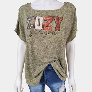 Truself OrganicRound Neck Short Sleeve  Graphic Top With "Cozy Season" Size Xl